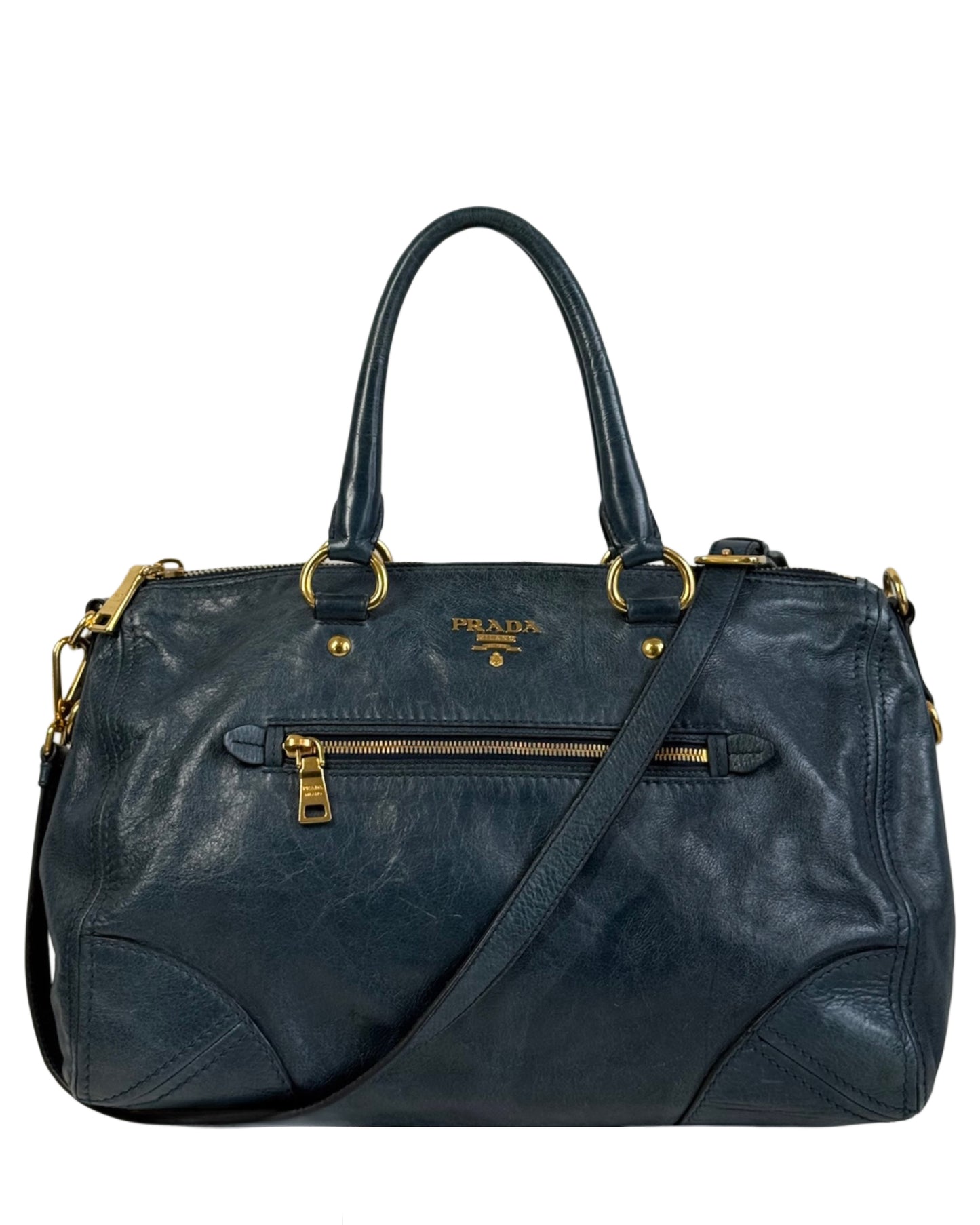 Prada Vintage Midnight Blue Crinkled Calfskin Leather Top 2-Way Hobo Shoulder Bag