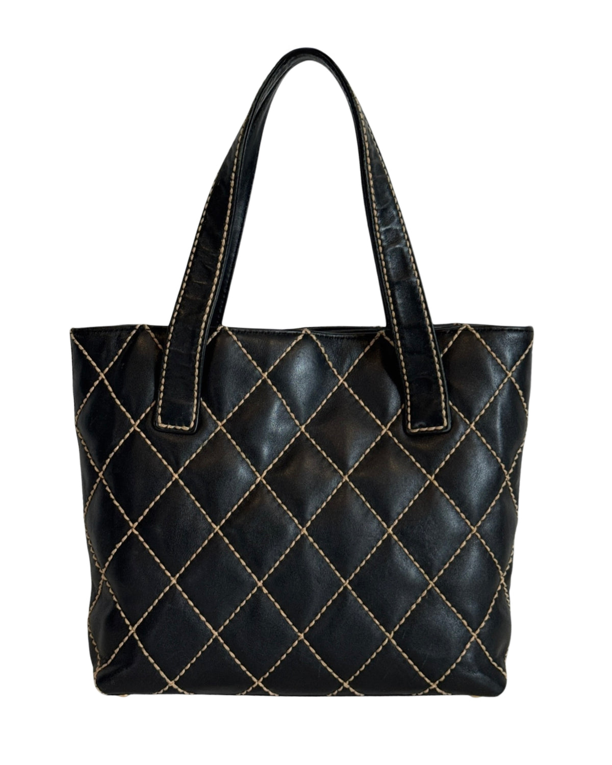 Chanel Vintage 00s Black Quilted Lambskin Wild Stitch Small Shoulder Tote Bag