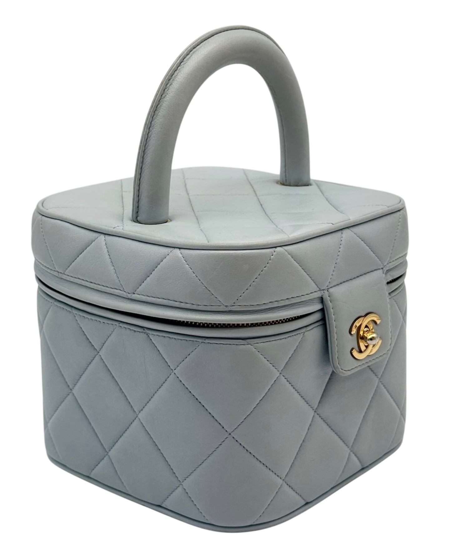 Chanel Vintage 90s Baby Blue Quilted Lambskin Top Handle Vanity Bag w 24K GPHW