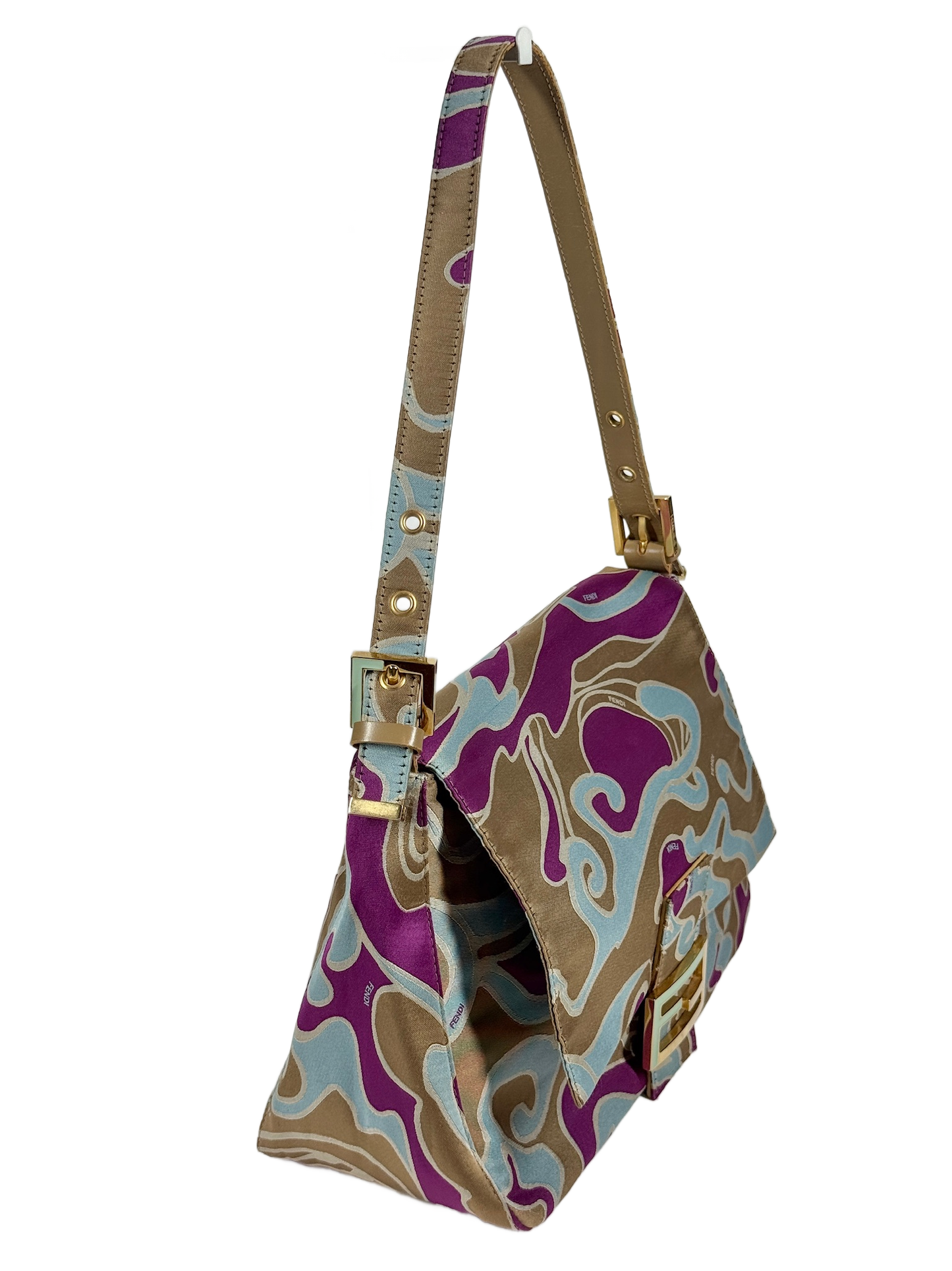 Fendi Vintage Psychedelic Swirl Purple Blue Beige Marble Mamma Baguette Shoulder Bag