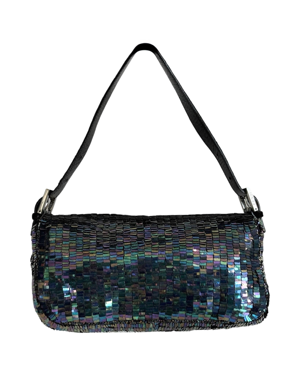 Fendi Vintage Iridescent Black Palliates Sequin Beaded Baguette with Pony Hair Trim