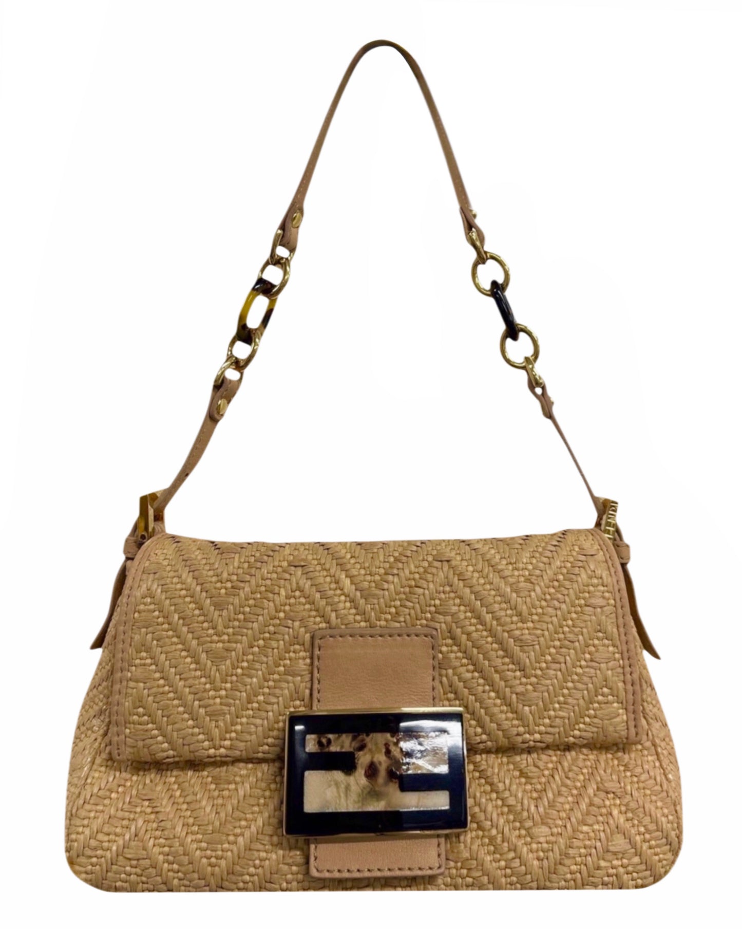Fendi Vintage Beige Woven Chevron Raffia Marble Logo Mini Mamma Shoulder Baguette Bag