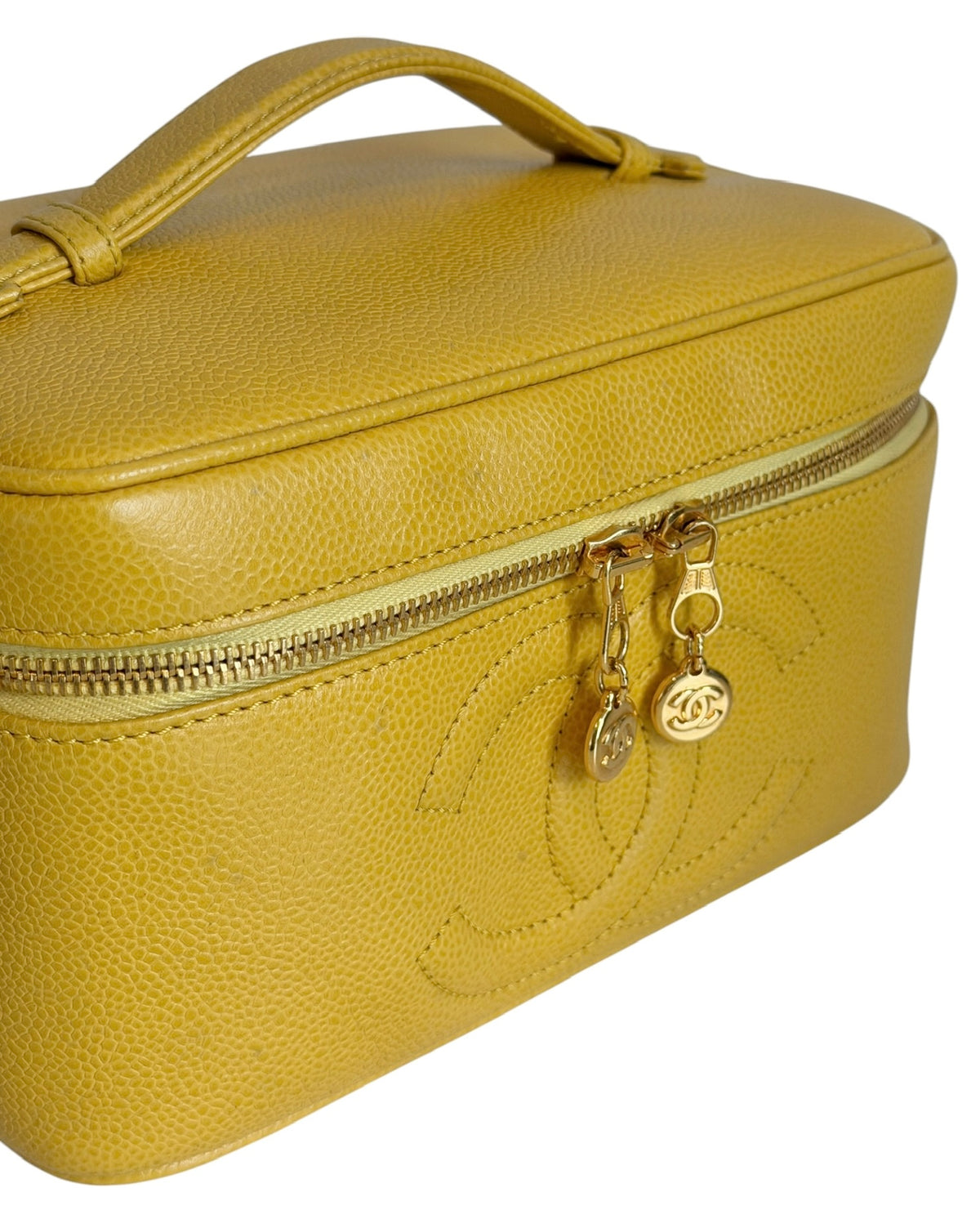 Chanel Vintage Late 90s Yellow Caviar Leather CC Logo Large Horizontal Vanity Case with 24K GPHW