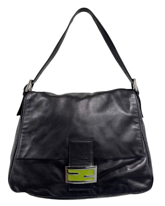 Fendi Vintage Black Lambskin Green Logo Mamma Shoulder Baguette Bag