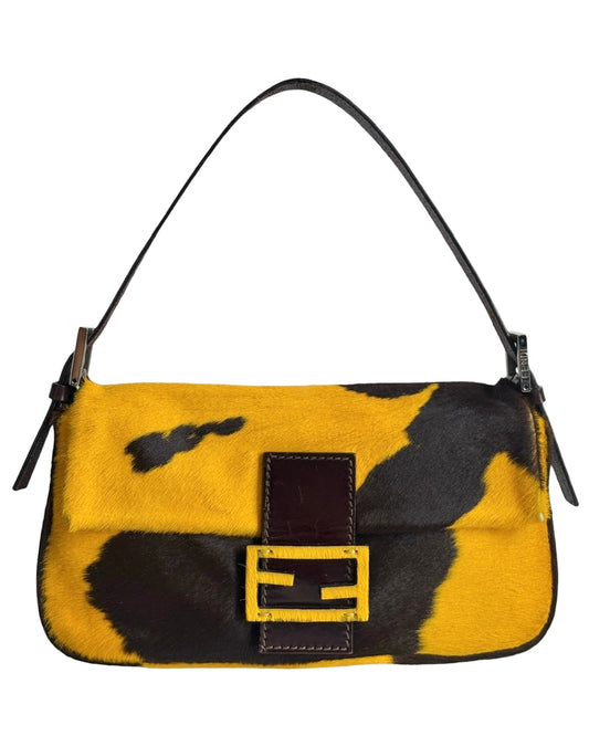 Fendi Vintage Yellow Cow Print Pony Hair Shoulder Baguette Bag