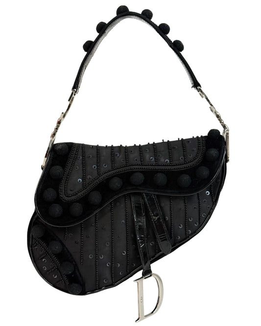 Dior Vintage Black Velvet Pom Pom Sequin Embellished Saddle Shoulder Bag #0544