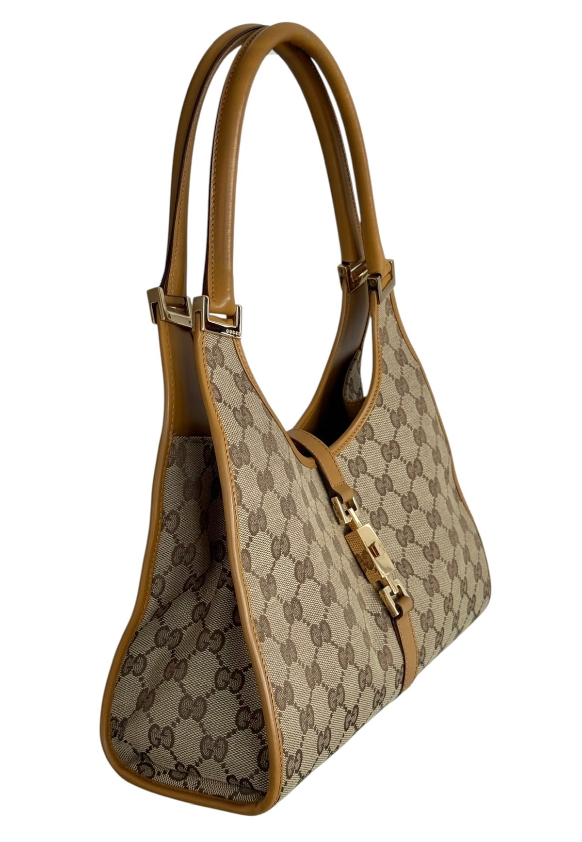 Gucci Vintage Brown GG Monogram Light Brown Leather Trim Medium Jackie Shoulder Bag