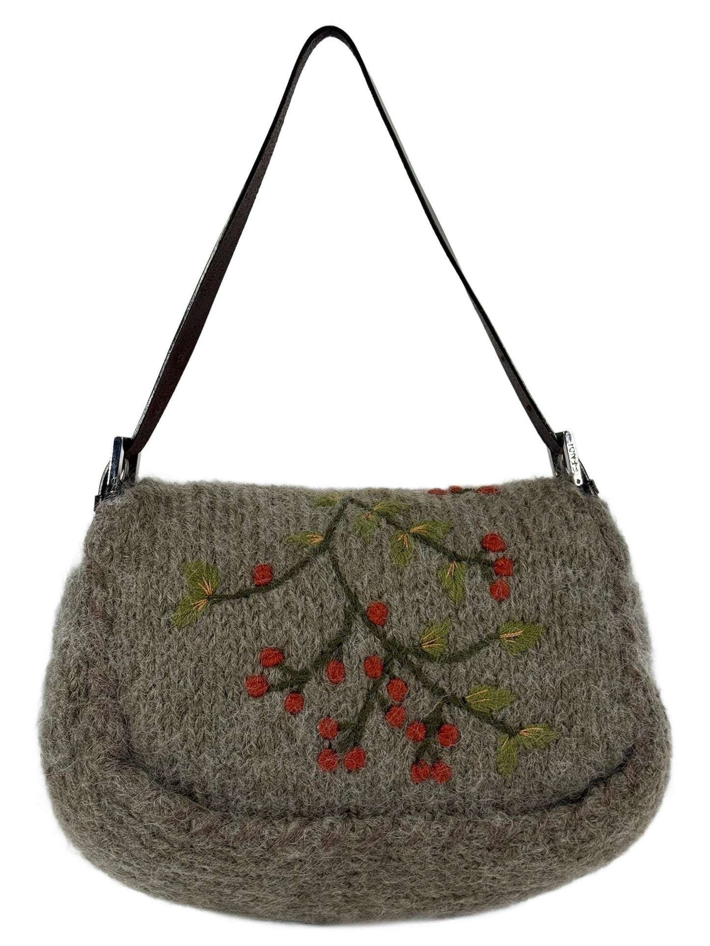 Fendi Vintage Grey Wool Knit Cherry Embroidered Shoulder Mamma Baguette Bag