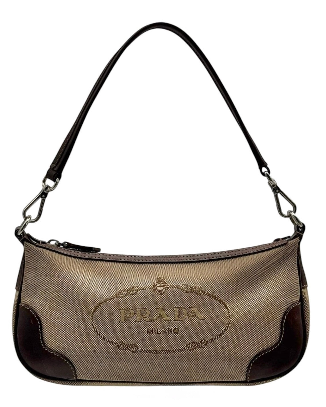 Prada Beige Jacquard Canapa Canvas Shoulder Pochette Bag