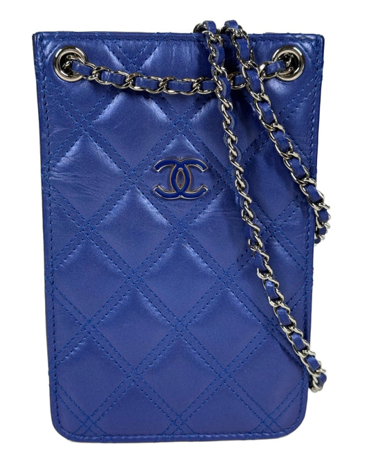 Chanel Metallic Blue Calfskin Quilted Phone Holder Crossbody Bag