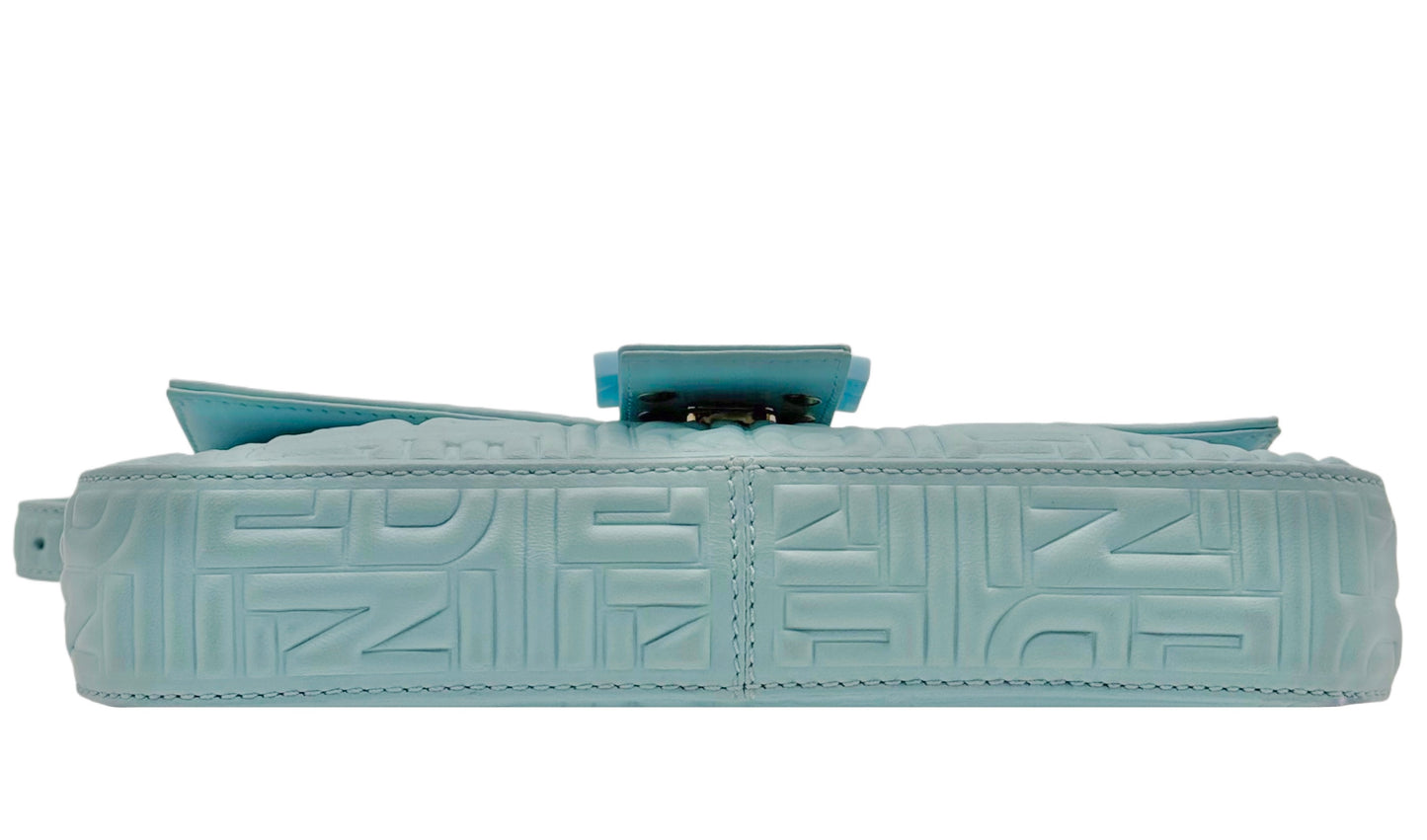 Fendi Vintage Blue Nappa Embossed Logo Leather Shoulder Baguette Bag