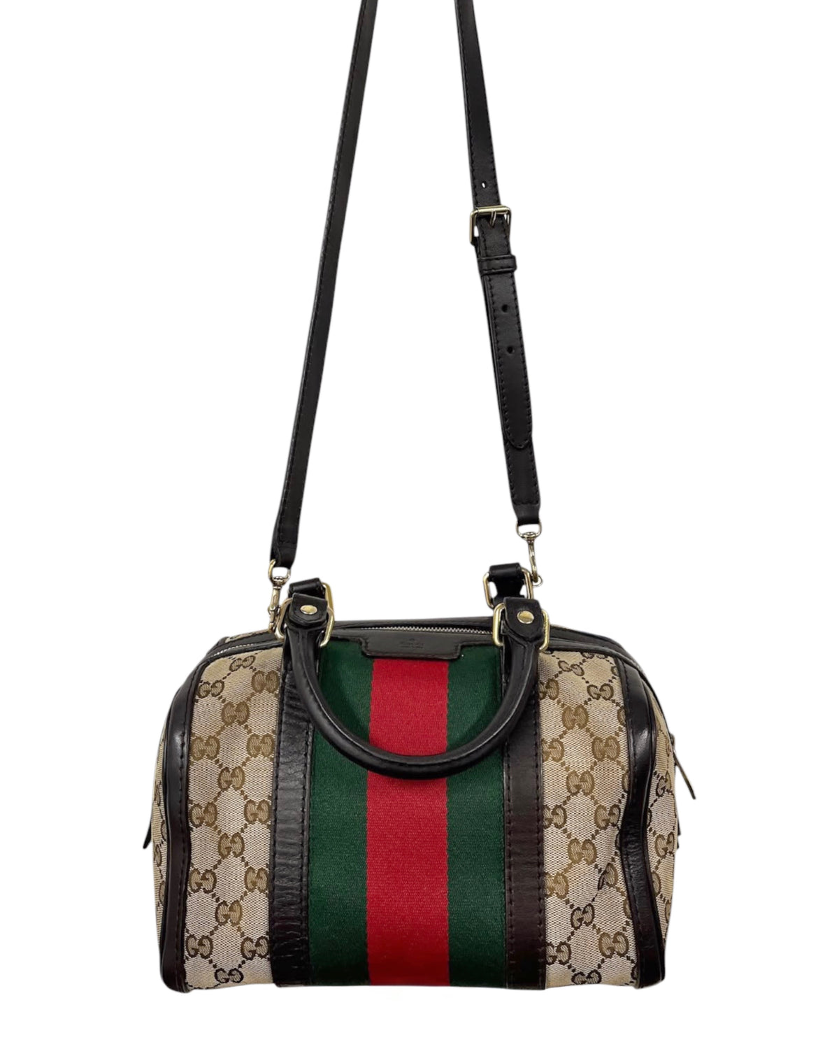 Gucci Vintage Brown GG Monogram Webb Stripe Small Joy Boston Two-Way Bag