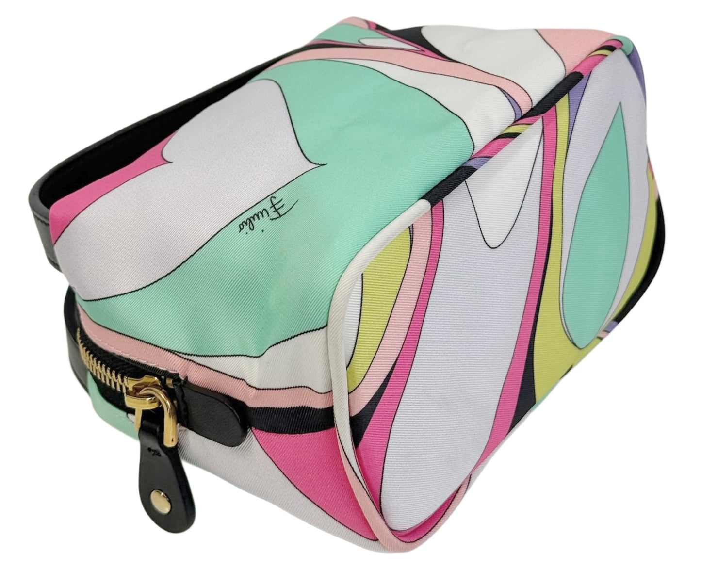 Emilio Pucci Multicolor Nylon Mini Top Handle Cosmetic Pouch Bag w Black Leather Trim