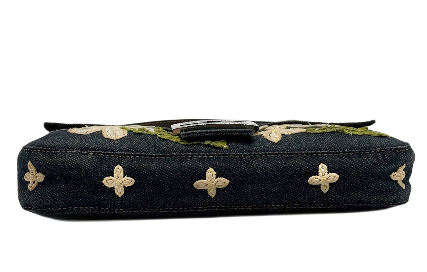 Fendi Vintage Blue Denim Tulle Floral Embroidered Shoulder Baguette Bag