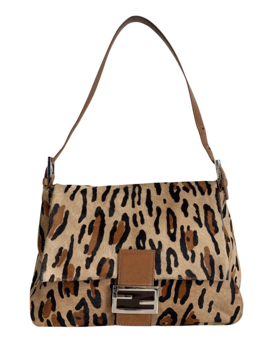 Fendi Vintage Light Brown Leopard Print Pony Hair Mamma Baguette Shoulder Bag