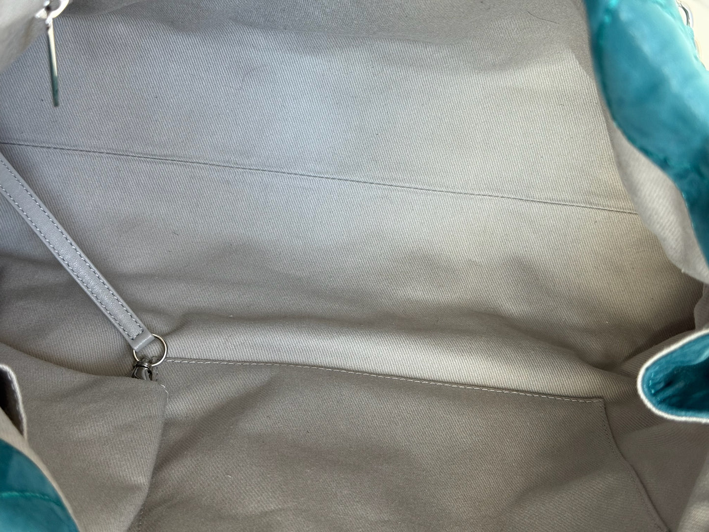 Chanel 2012 Iridescent Turquoise Crinkled Calfskin CC Medium Shoulder Tote Bag