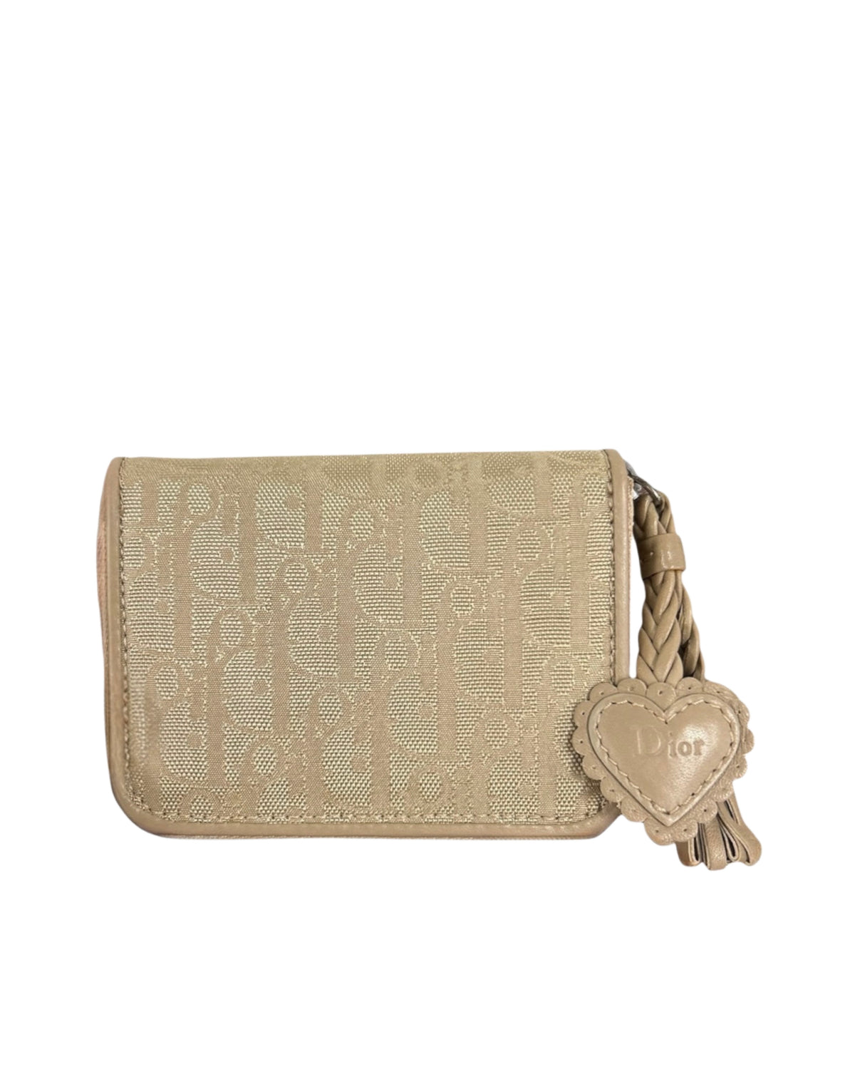 Dior Vintage 2007 Beige Diorissimo Trotter Monogram Small Zip Around Wallet with Heart Charm