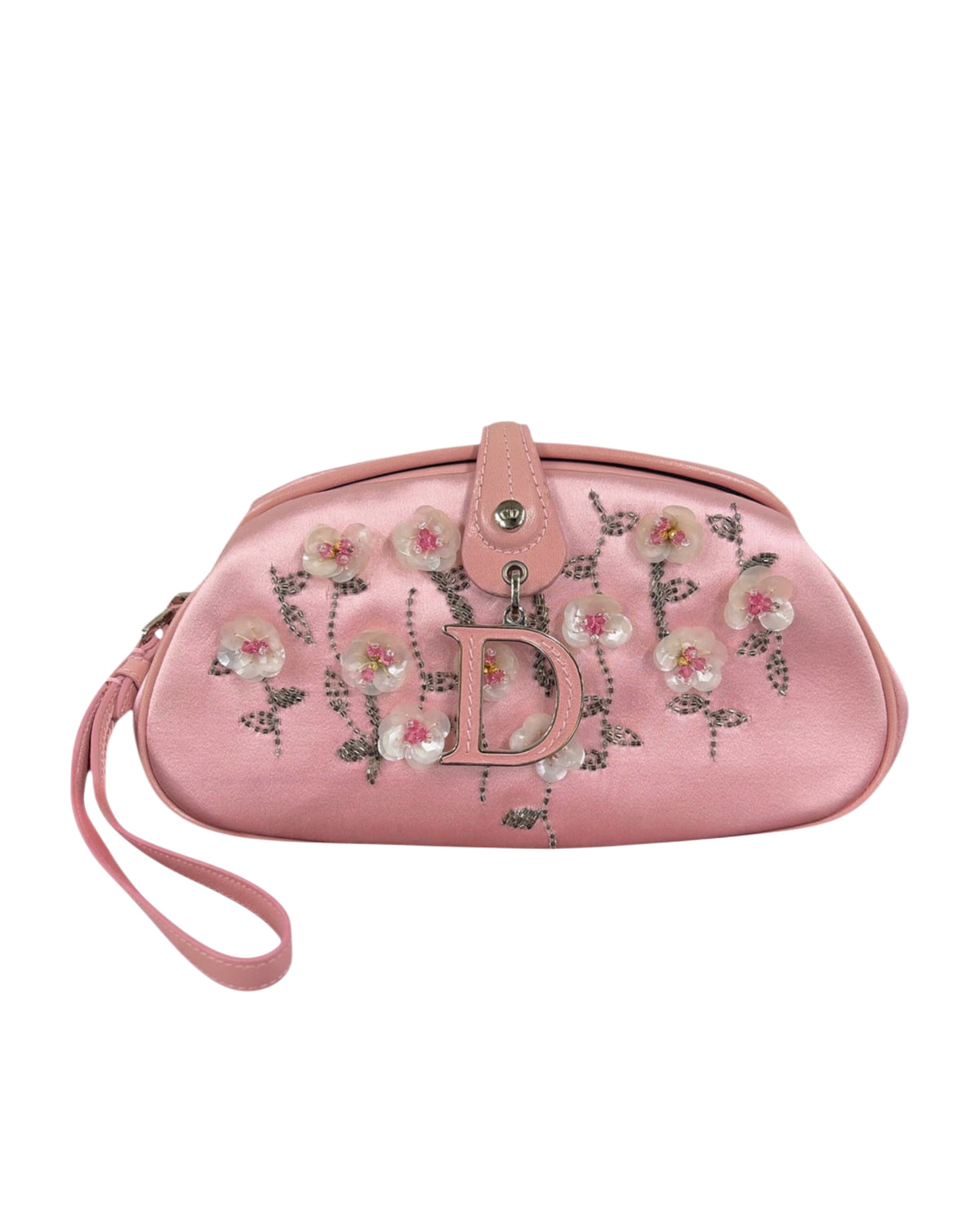 Dior Vintage 2005 Pink Satin Floral Beaded Embellished D Logo Wristlet Clutch Evening Bag Limited Edition #0102