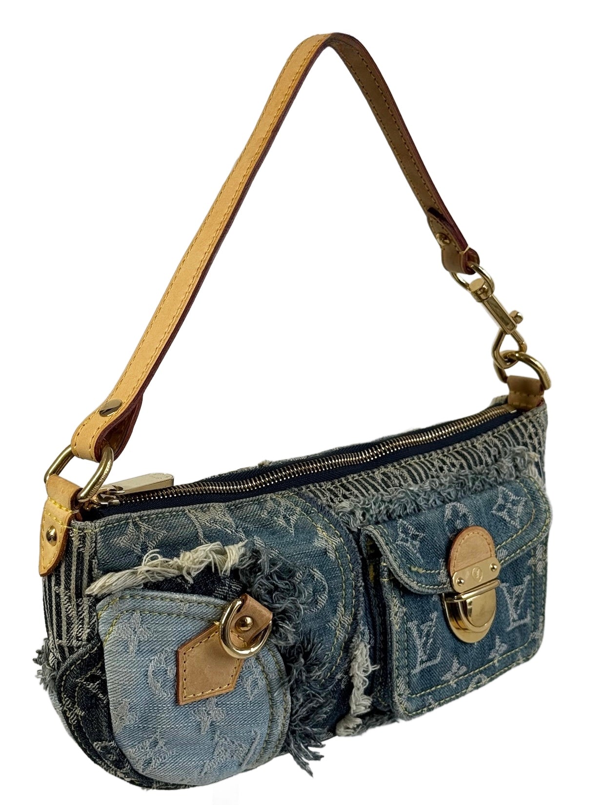 Louis Vuitton Vintage 2007 Blue Denim Monogram Patchwork Shoulder Pochette Bag