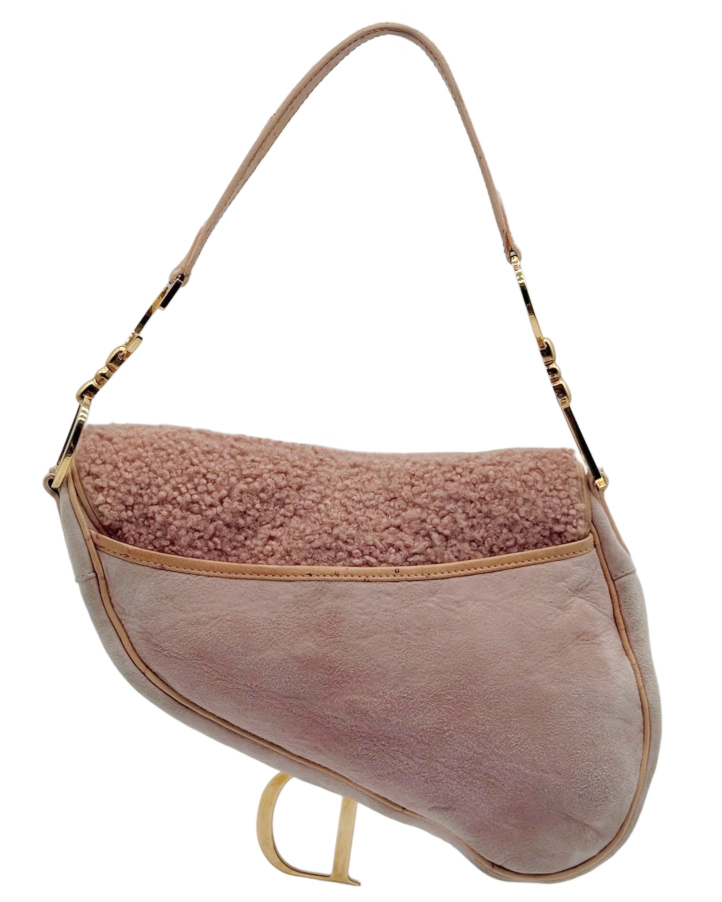 Dior Vintage 2000 Light Pink Micro Suede Shearling & Ostrich Trim Medium Saddle Shoulder Bag