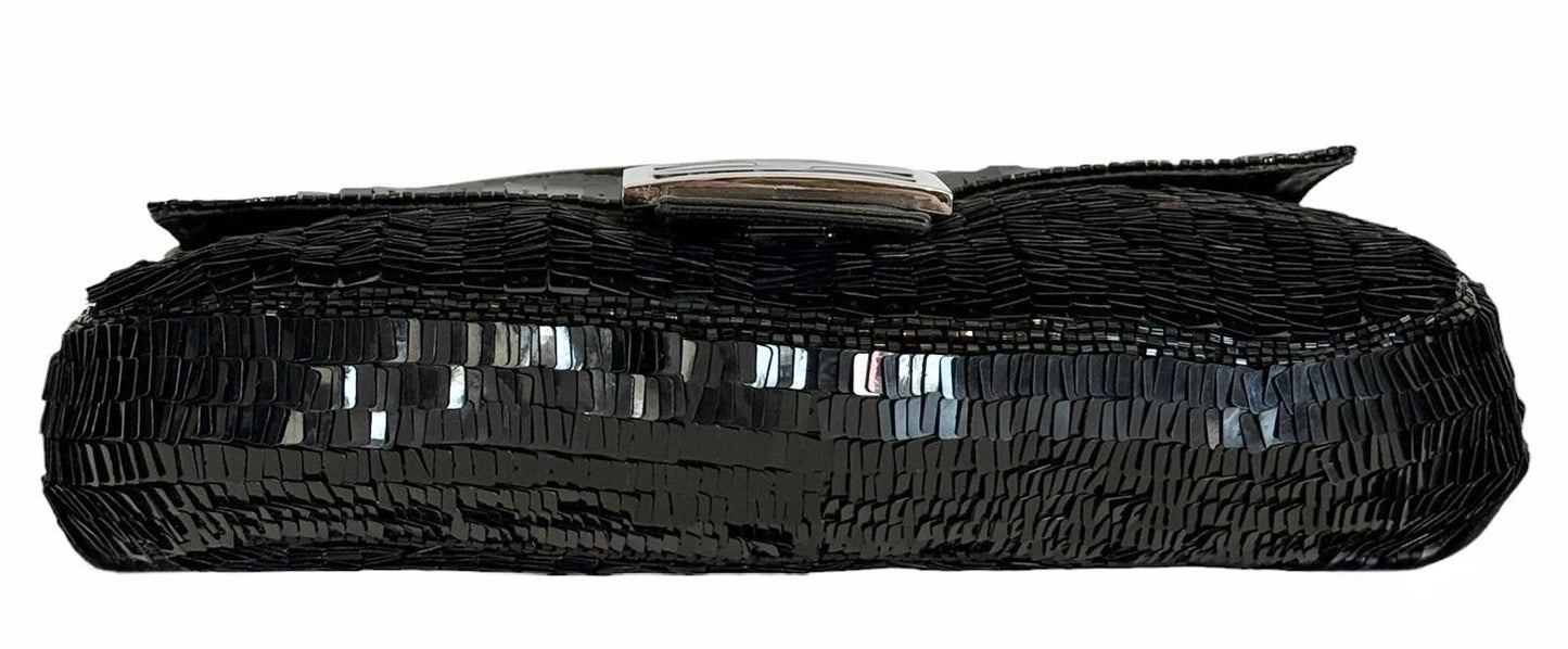 Fendi Vintage Black Paillettes Sequin Beaded Shoulder Baguette Bag
