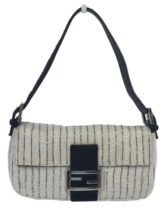 Fendi Vintage White Knit Silver Beaded Striped Baguette w Black Pony Hair Trim