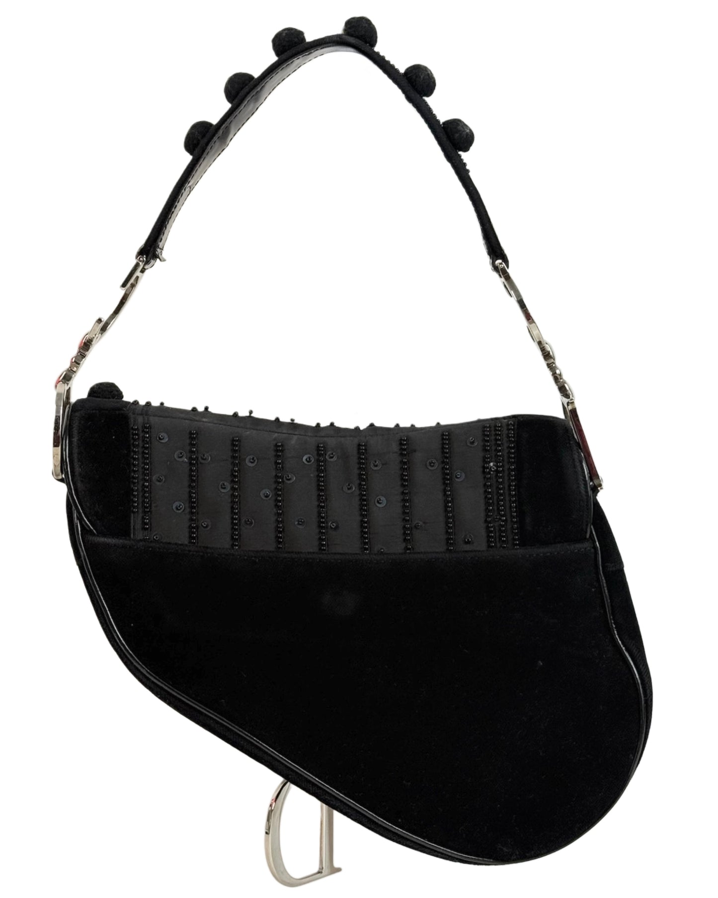 Dior Vintage Black Velvet Pom Pom Sequin Embellished Saddle Shoulder Bag #0544