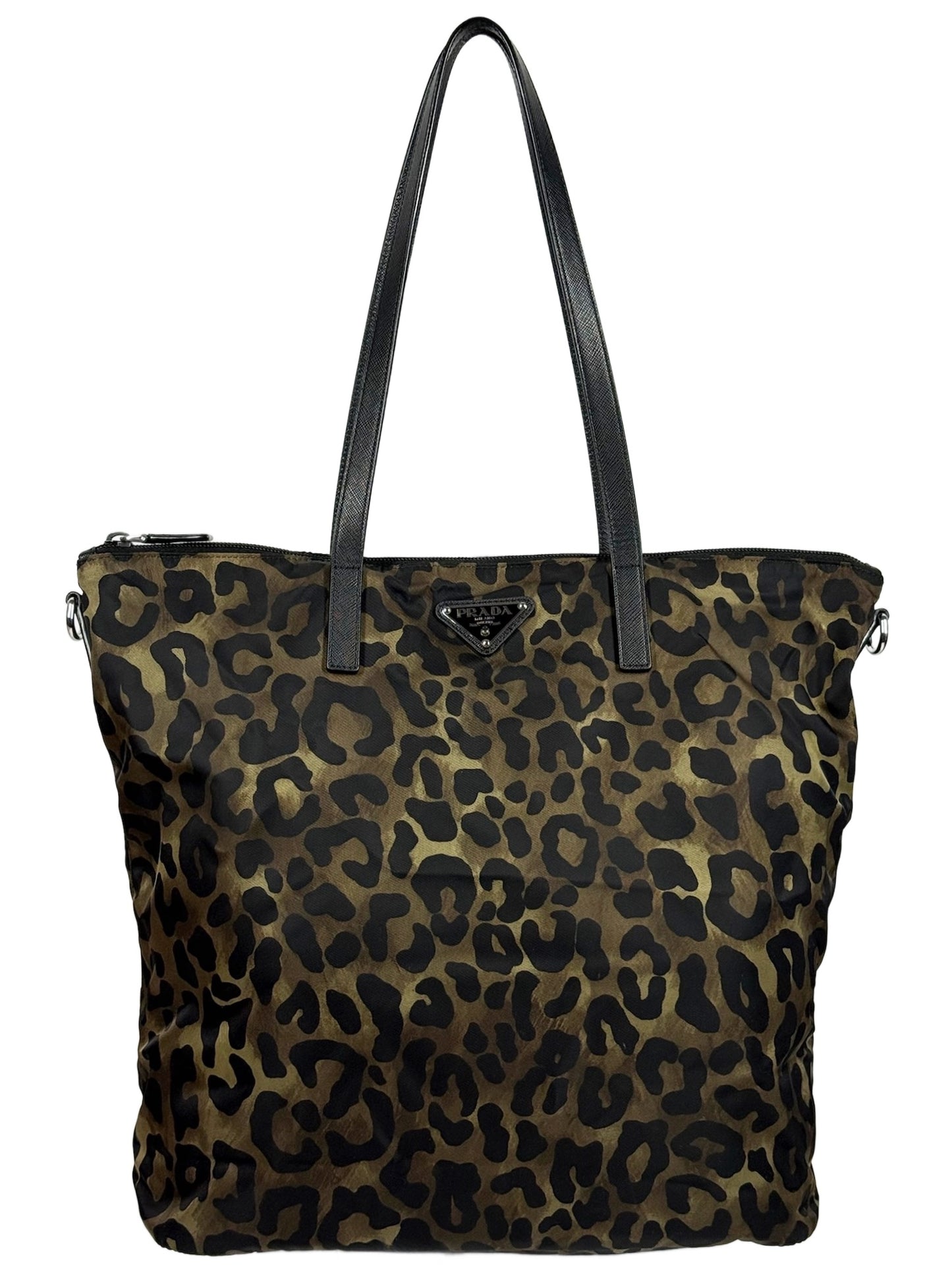 Prada Vintage Black & Green Nylon Leopard Print Tessuto Shoulder Tote Bag