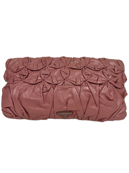 Prada Vintage Pink Calfskin Leather Diamond Pleated Floral Clutch