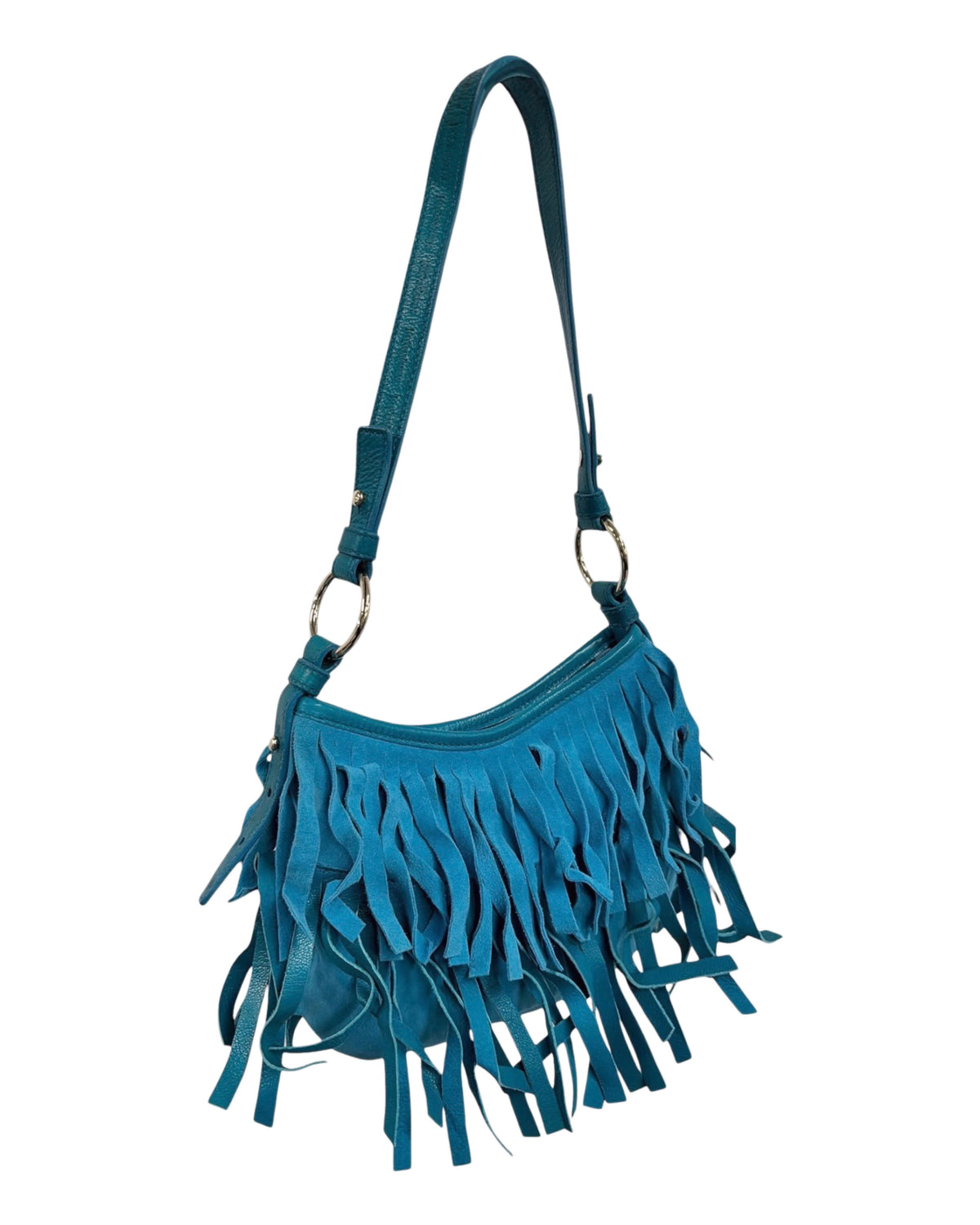 Yves Saint Laurent / YSL Vintage Turquiose Suede Boheme Fringe Mini / Small Hobo Shoulder Bag