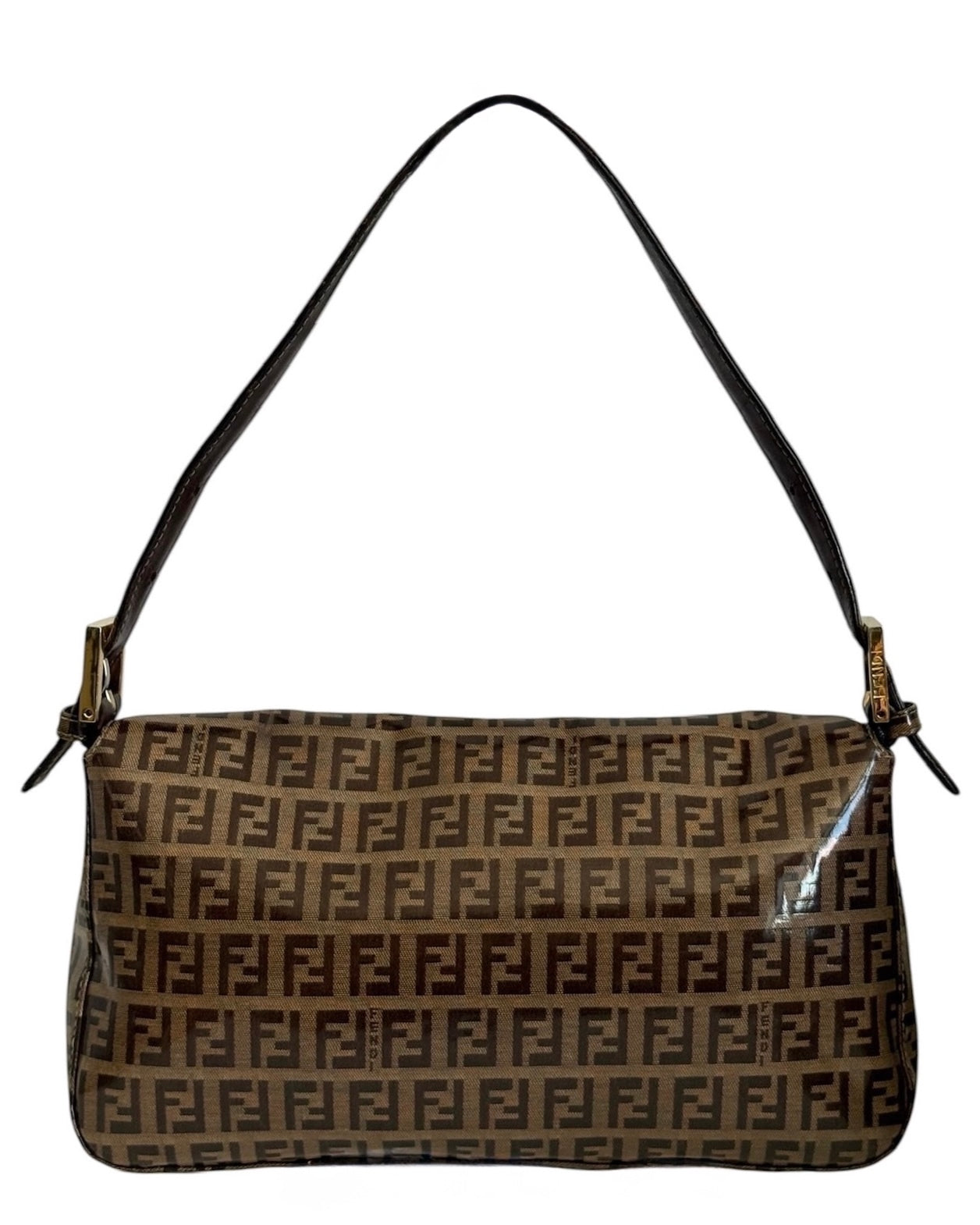 Fendi Vintage Coated Light Brown Zucchinno Zucca Monogram Shoulder Baguette Bag with Gold Enamel Logo