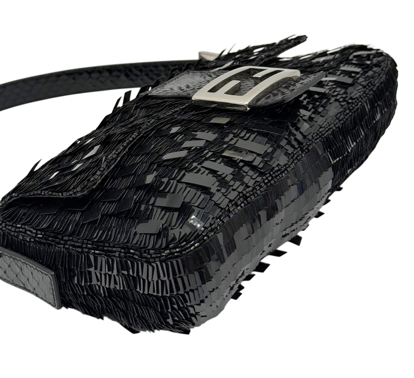 Fendi Vintage Black Palilettes Sequin & Beaded Shoulder Baguette Bag with Snakeskin Trim