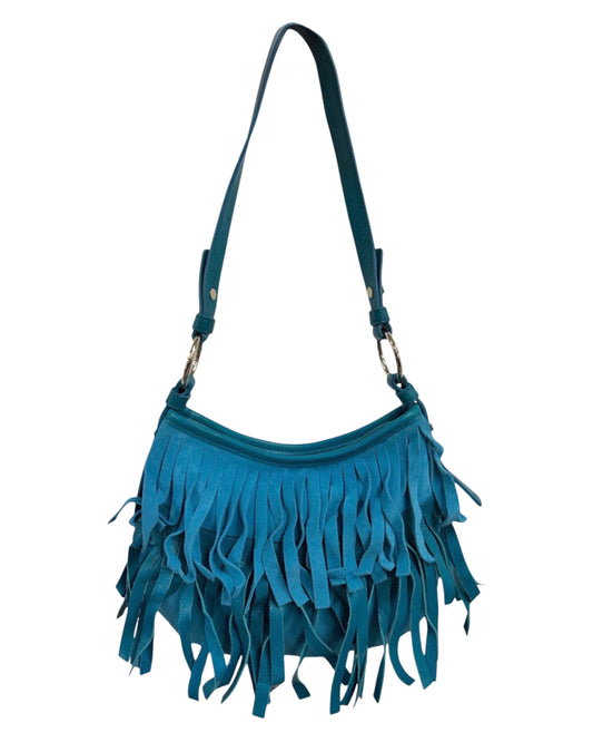 Yves Saint Laurent / YSL Vintage Turquiose Suede Boheme Fringe Mini / Small Hobo Shoulder Bag