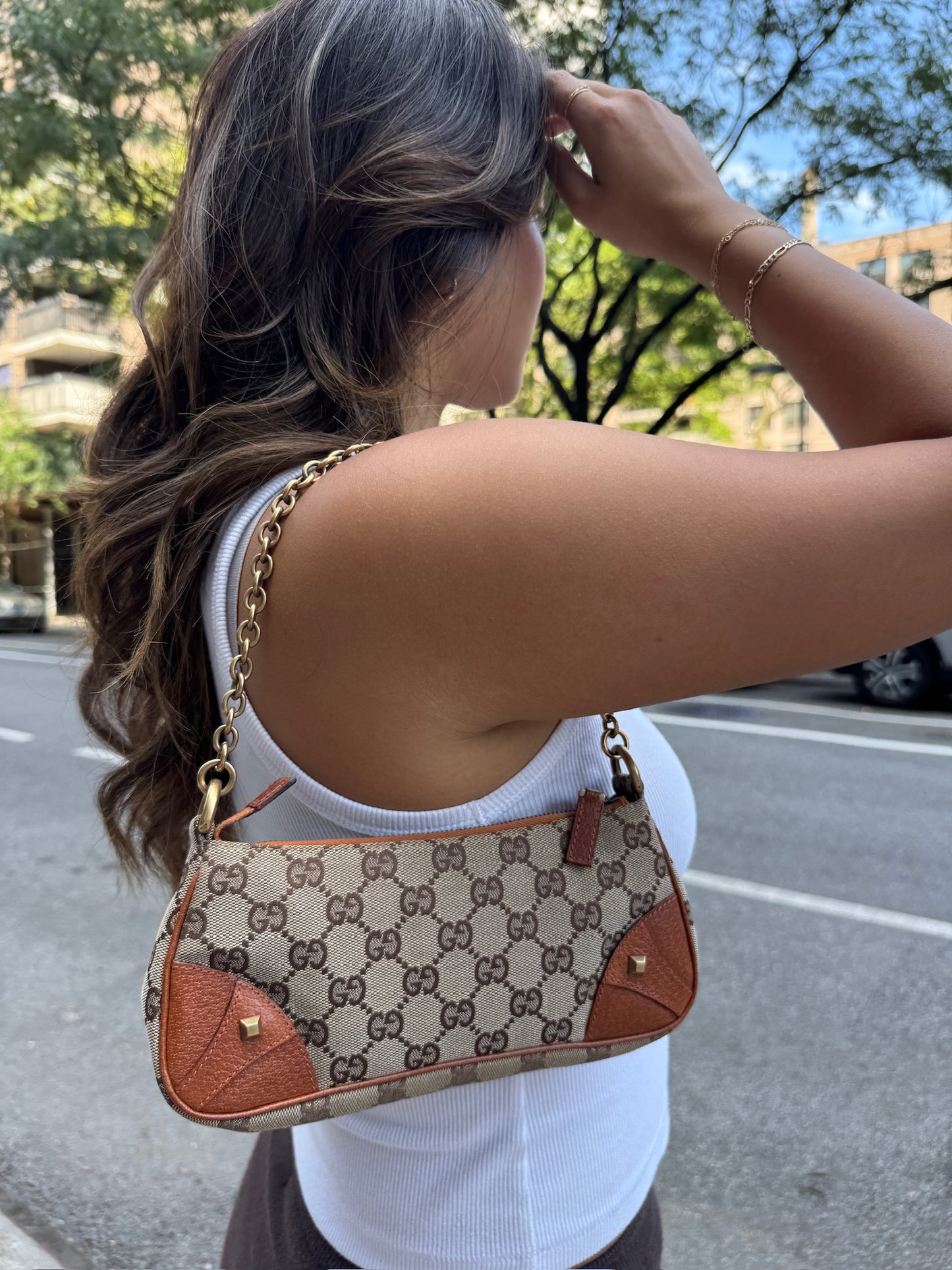 Gucci Vintage Brown GG Monogram Canvas Orange Leather Trim Chain Link Studded Shoulder Pochette Bag