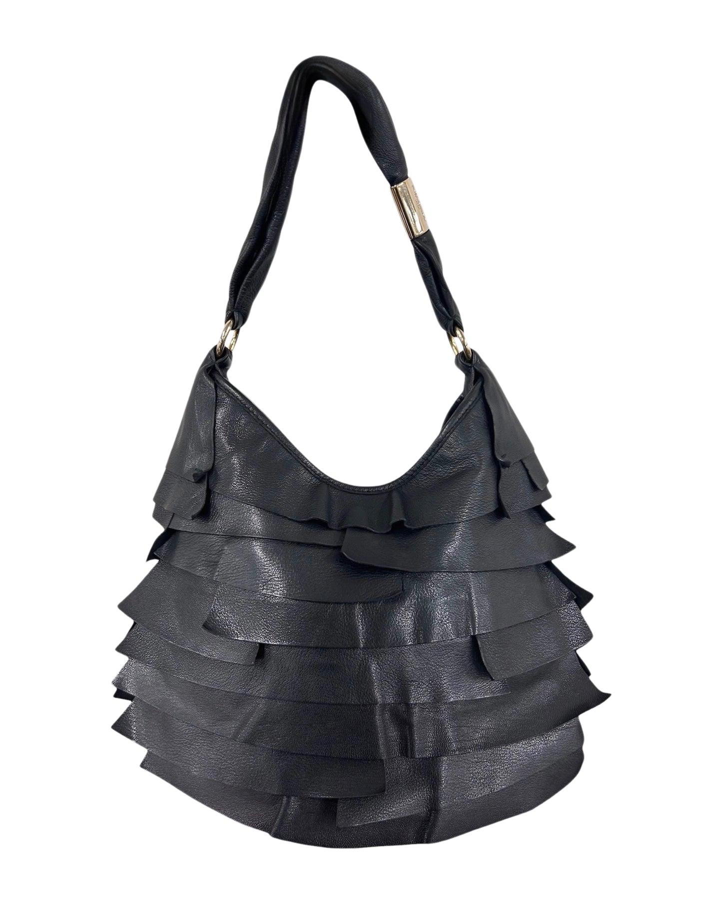 Yves Saint Laurent / YSL Vintage Black Leather Rive Gauche Ruffle St Tropez Small / Medium Shoulder Hobo Bag