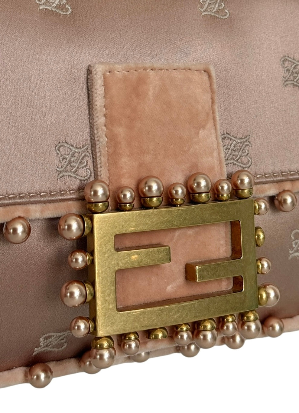Fendi 1997 Re-Edition 25 Year Anniversary Blush Pink Embroidered Silk Logo Pearl Trim Shoulder Baguette Bag with Velour Trim