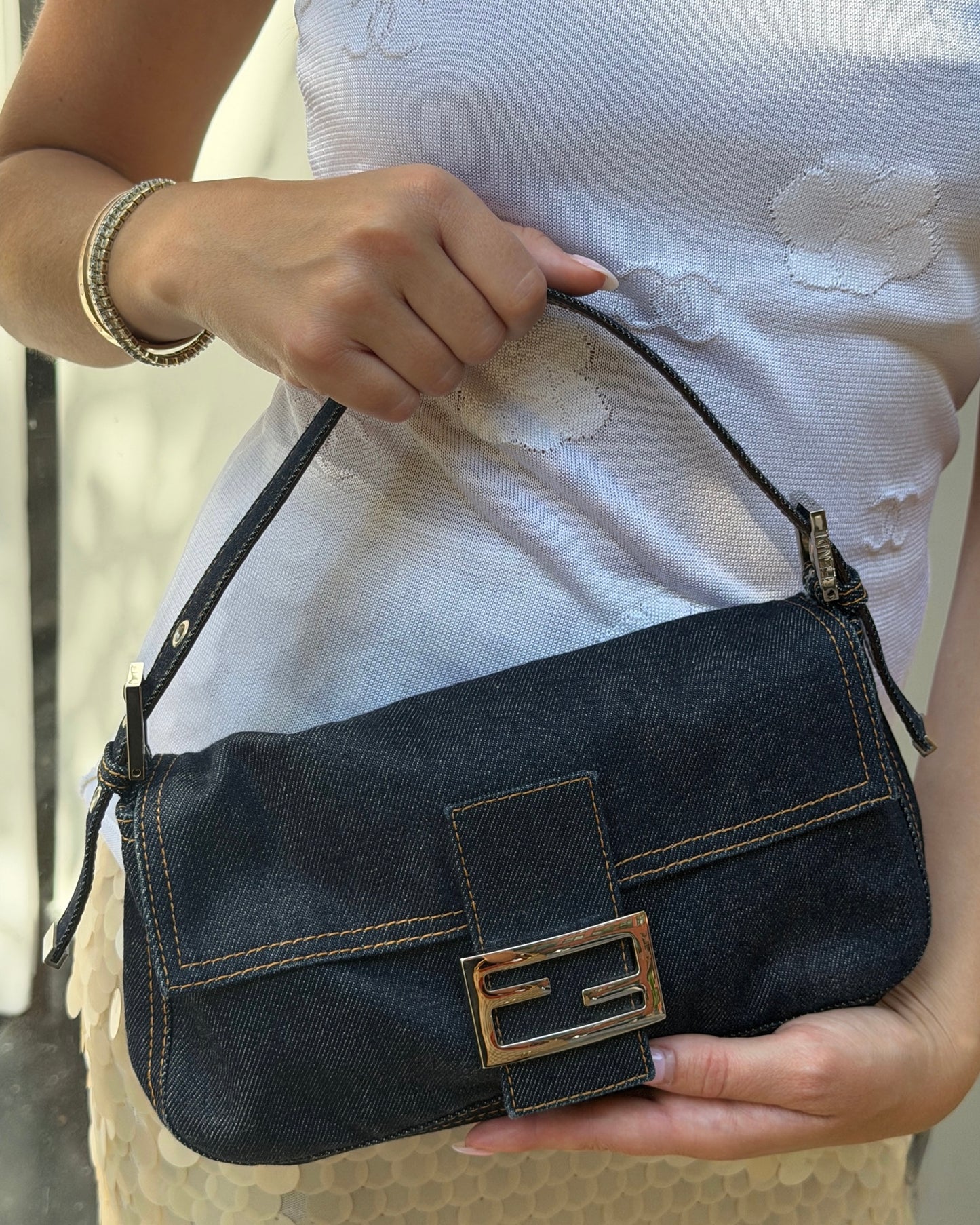 Fendi Vintage Blue Denim Classic Shoulder Baguette Bag