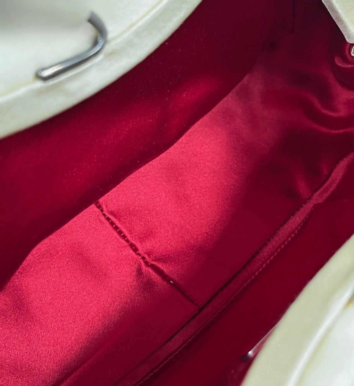 Prada Vintage Ivory with Red Piping Satin Kisslock Mini Top Handle Evening Bag with Mirror