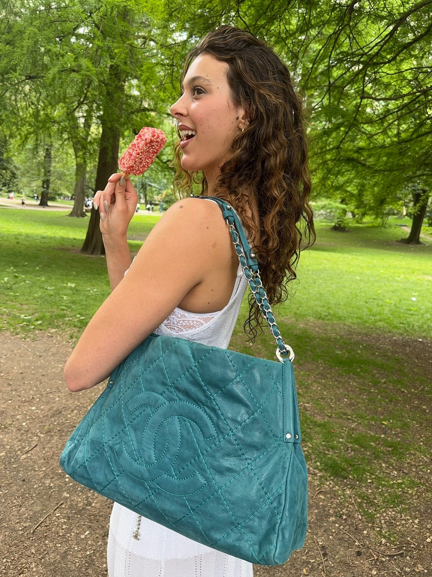 Chanel 2012 Iridescent Turquoise Crinkled Calfskin CC Medium Shoulder Tote Bag