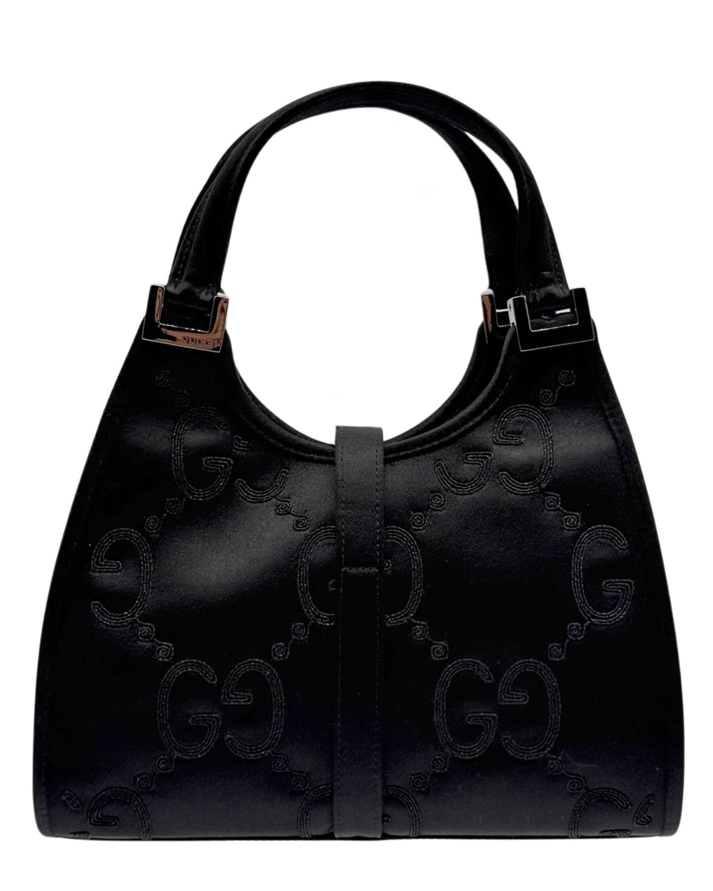 Gucci Vintage Black Satin Embroidered GG Monogram Mini Jackie Evening Bag
