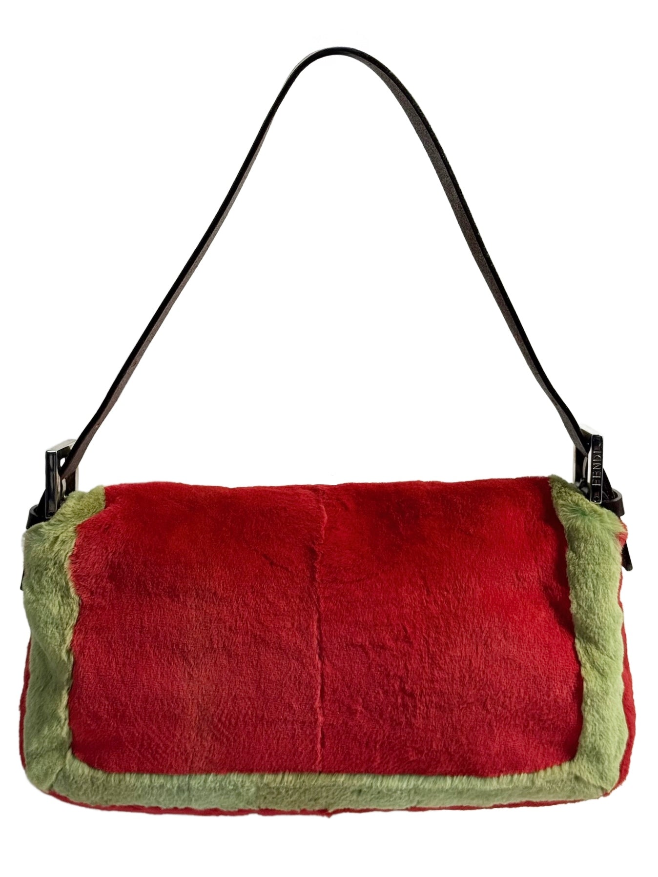 Fendi Vintage Red & Green Rabbit Fur Lizard Trim Shoulder Baguette Bag