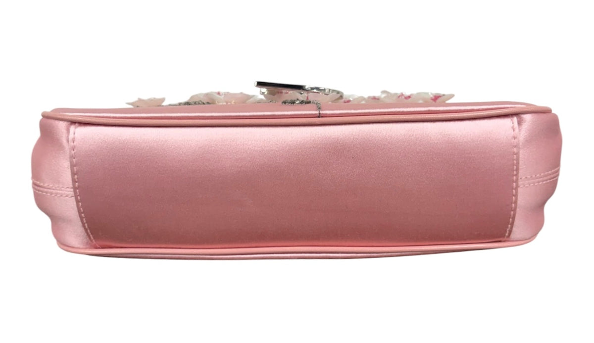 Dior Vintage 2005 Pink Satin Floral Beaded Embellished D Logo Wristlet Clutch Evening Bag Limited Edition #0102