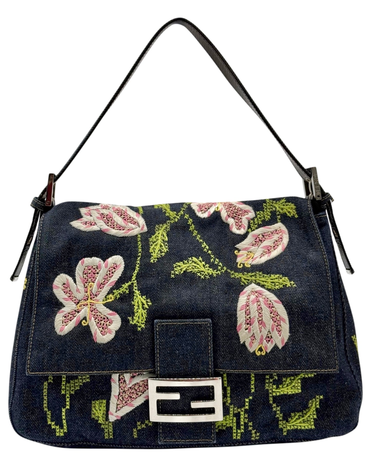 Fendi Vintage Blue Denim Pink Floral Embroidered Mamma Baguette Shoulder Bag