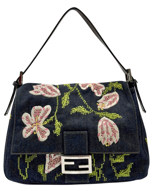 Fendi Vintage Blue Denim Pink Floral Embroidered Mamma Baguette Shoulder Bag