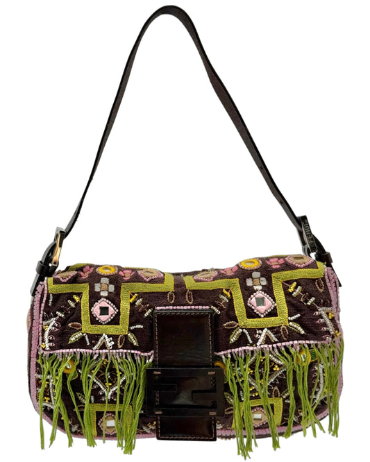 Fendi Vintage Brown Knit Embroidered Pink Beaded Green Fringe Embellished Shoulder Baguette Bag