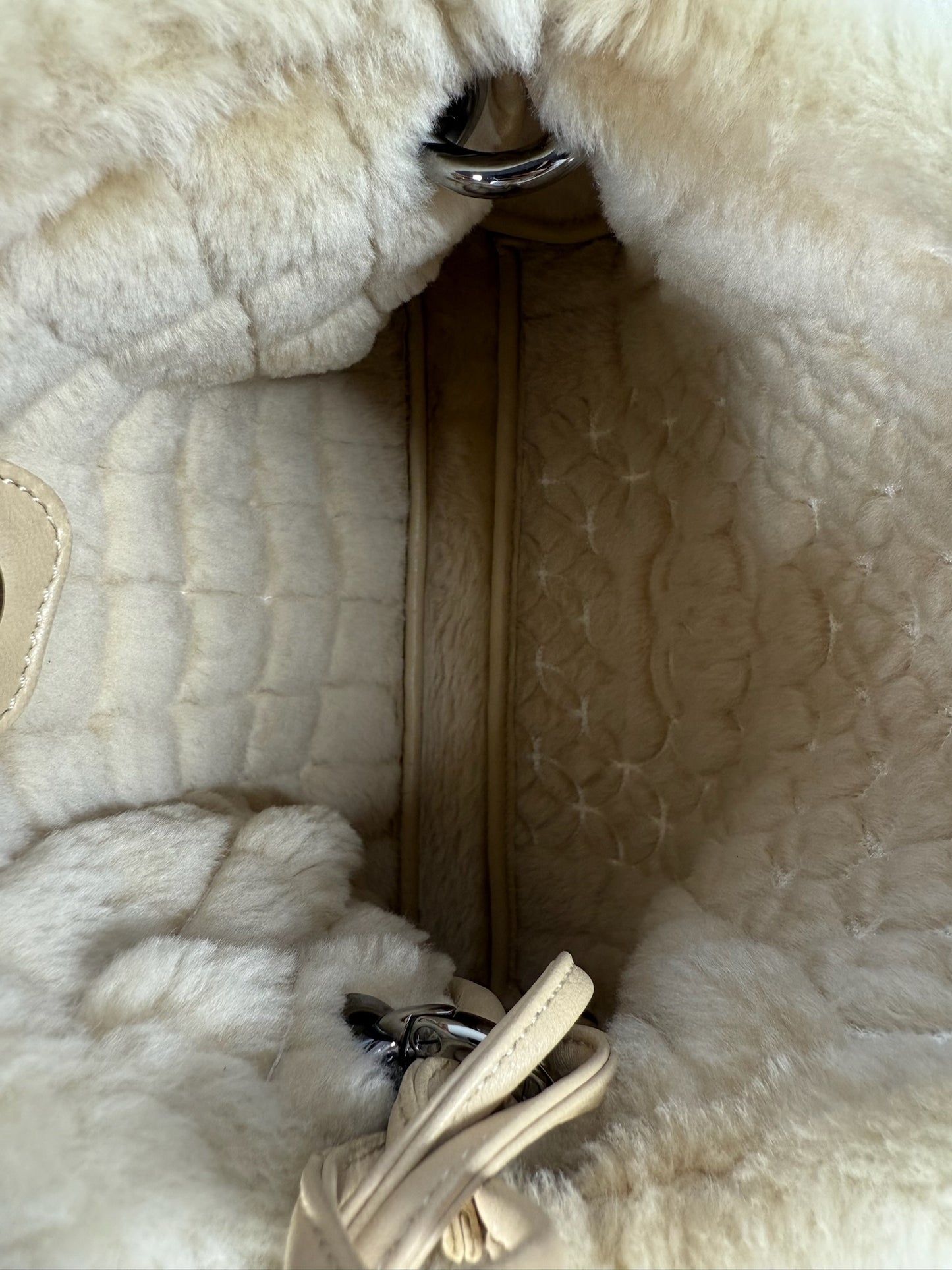 Chanel Vintage 00s Light Beige Ivory Quilted Suede Shearling Trim Small Tote Bag w Pouch