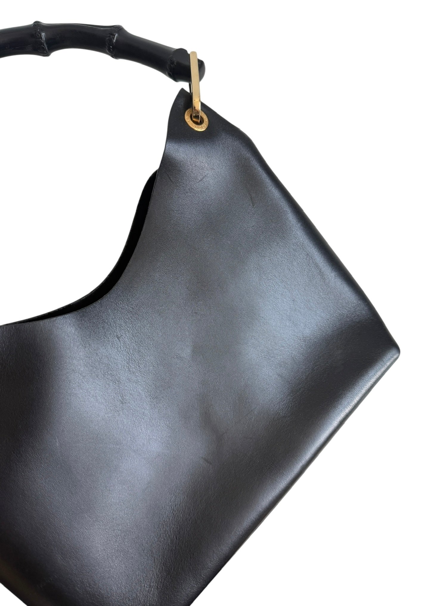 Gucci Vintage Black Smooth Leather Bamboo Handle Small Hobo Shoulder Bag with Pouch