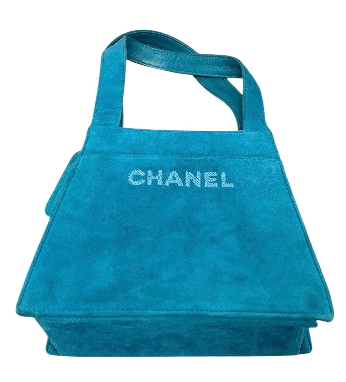 Chanel Vintage 90s Turquoise Blue Suede Logo Small Kelly Top Handle Bag 