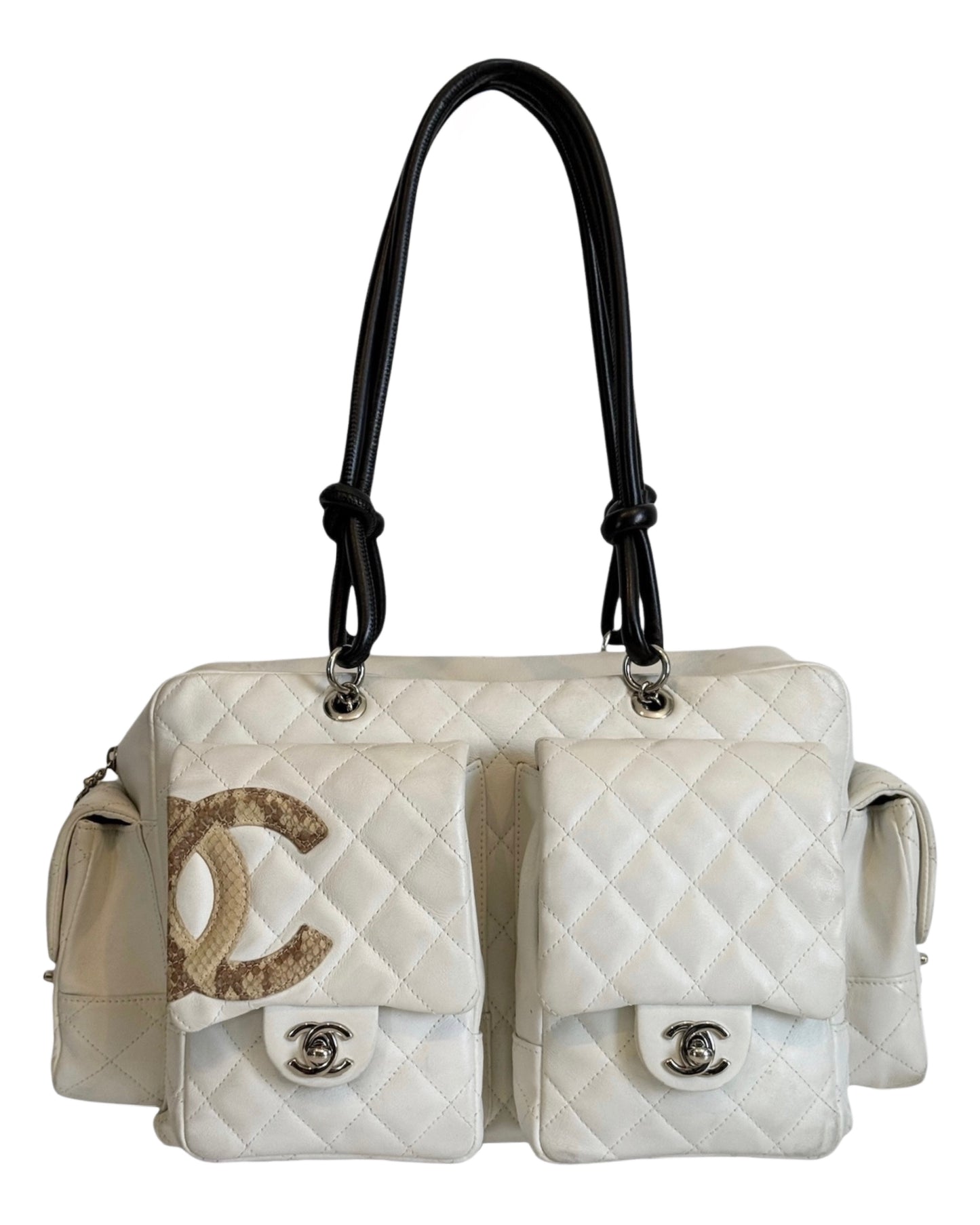 Chanel Vintage 00s White Quilted Lambskin Python CC Cambon Large Reporter Shoulder Bag