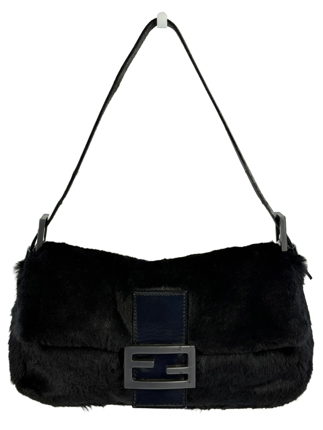 Fendi Vintage Black Rabbit Fur Shoulder Baguette Bag